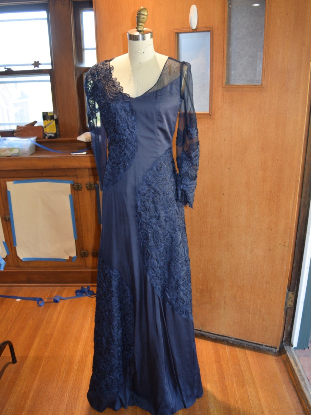 Navy blue Poly Charmeuse and battenberg lace evening gown